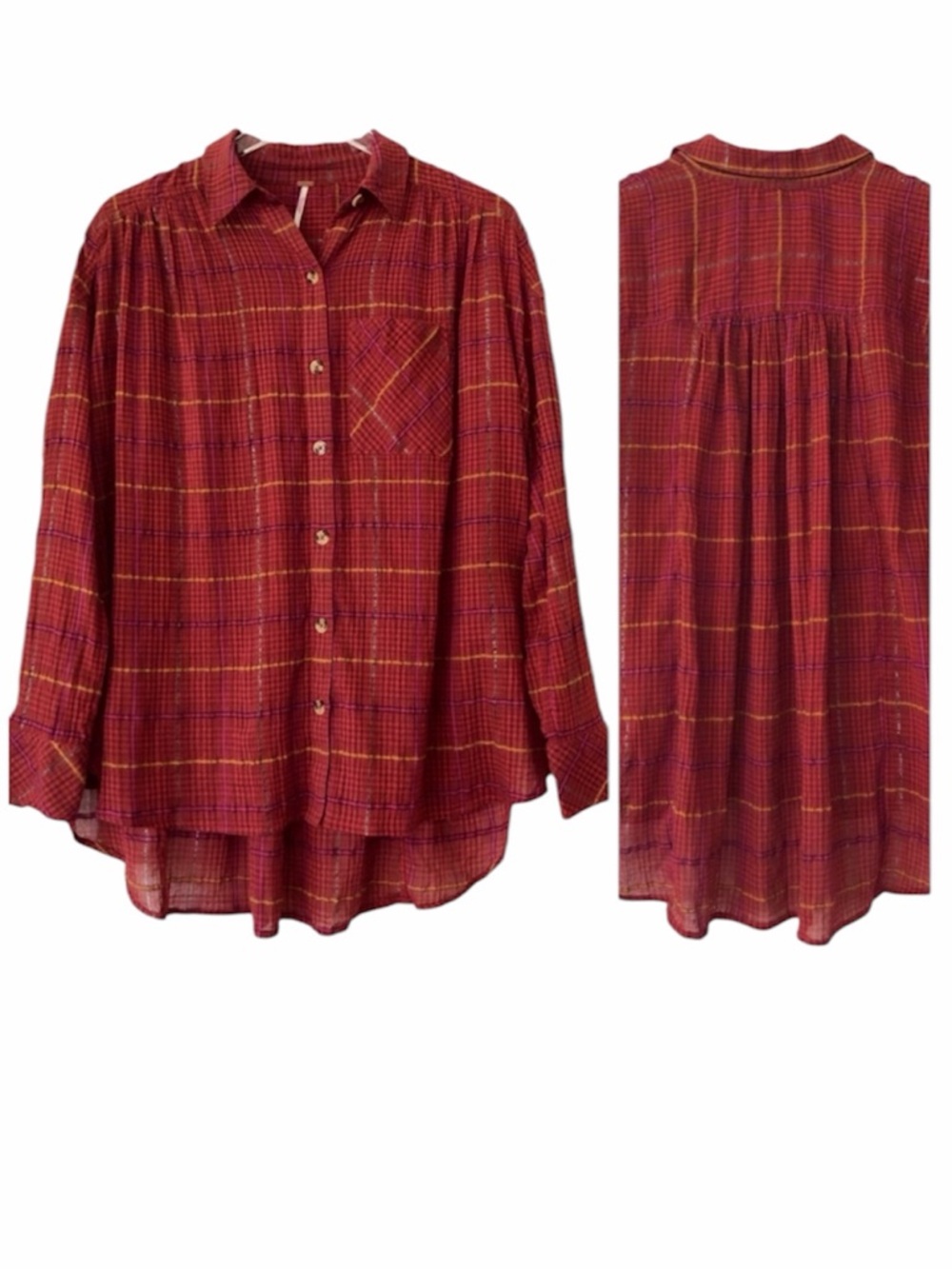 Free People | Red Plaid Oversized Button Up Shirt Boho